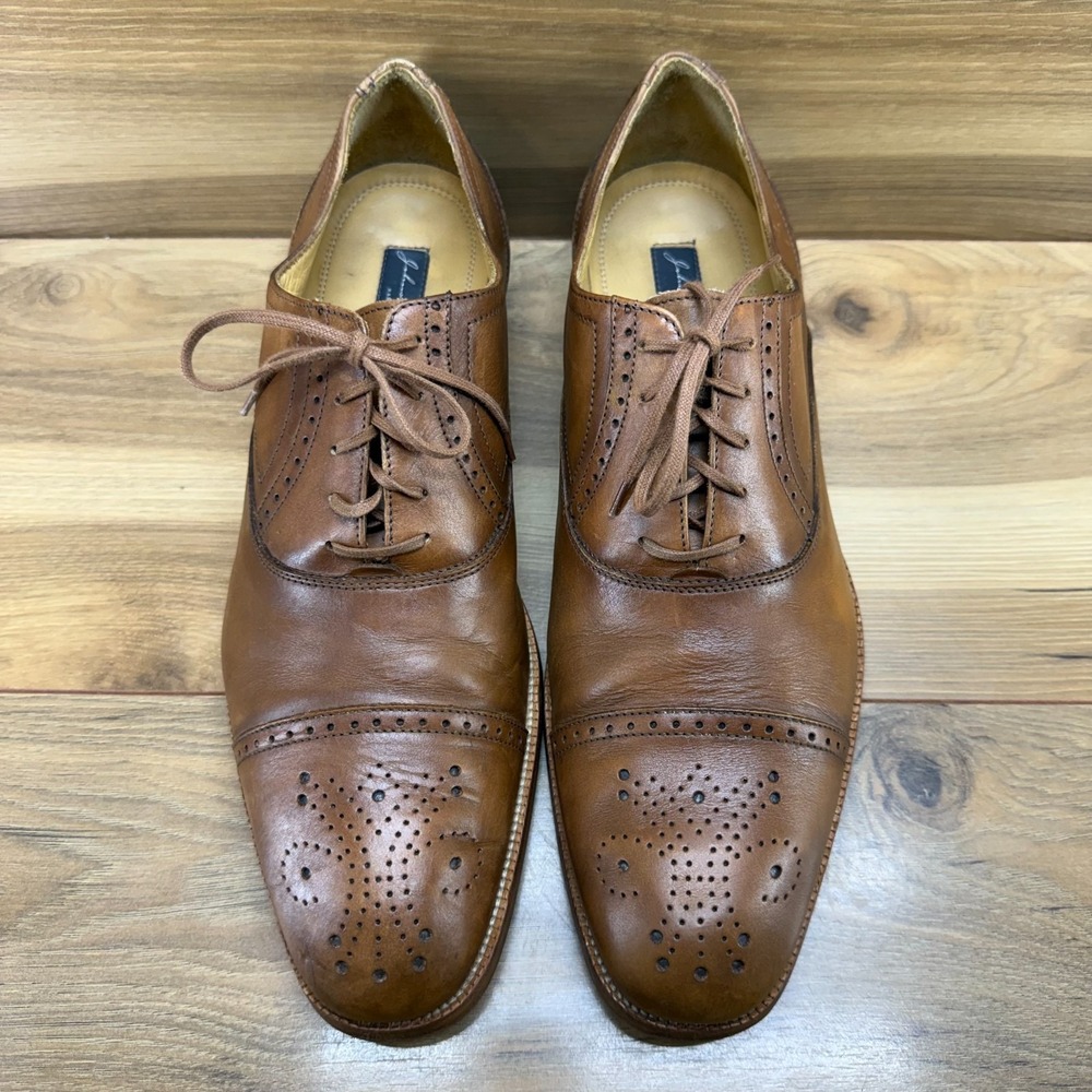 Johnston & Murphy Cognac Dress Shoes Mens 10 M Cap Toe Handmade Italy Medallion